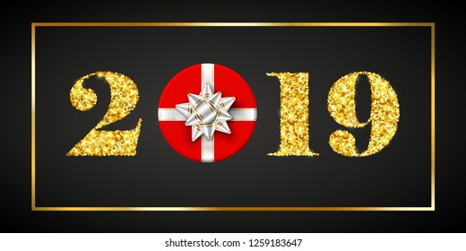 Happy New year card. 3D gift box, ribbon bow, gold number 2019 isolated black background. Golden texture Christmas glitter design. Holiday celebration, decoration, greeting banner Vector illustration