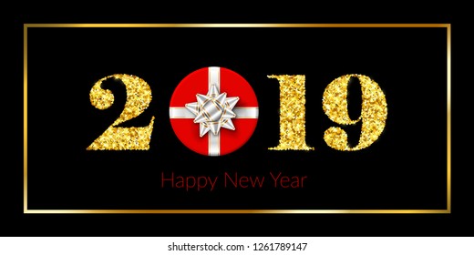 Happy New year card. 3D gift box, ribbon bow, gold number 2019 isolated black background. Golden texture Christmas glitter design. Holiday celebration, decoration, greeting banner Vector illustration