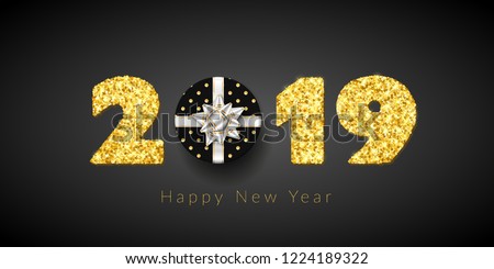 Happy New year card. 3D gift box, ribbon bow, gold number 2019 isolated black background. Golden texture Christmas glitter design. Holiday celebration, decoration, greeting banner Vector illustration