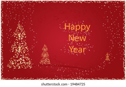 Happy new year card with abstract christmas trees and sparkling stars
