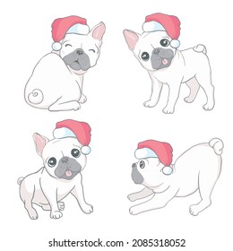 Happy New Year card. Abstract card with cute french bulldog in santa hat. Vector illustration.