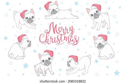 Happy New Year card. Abstract card with cute french bulldog in santa hat. Vector illustration.