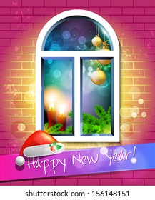 Happy New Year card or background with  ribbons, Santa`s hat, candles, snowflakes, tree, balls, stars.  Vector art.