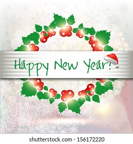 Happy New Year card or background with  Santa`s hat and snowflakes.  Vector art.