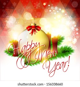 Happy new year card or background with snowflakes, candles and balls.  Vector illustration.