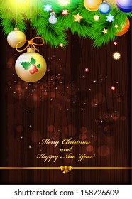 Happy New Year card or background with  ribbons, bows, Santa claus, snowman,  snowflakes, tree, balls, stars.  Vector art.