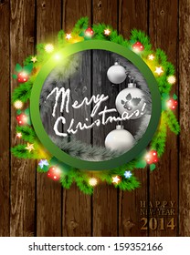Happy New Year card or background with  ribbons, bows,  snowflakes, tree, balls and stars.  Vector art.