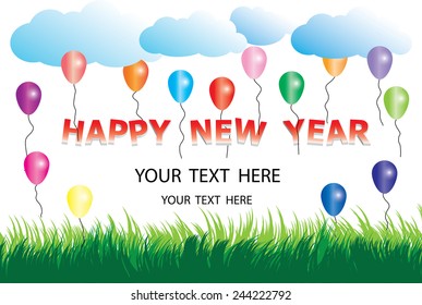 Happy New Year card background with Balloons, cloud, grass 