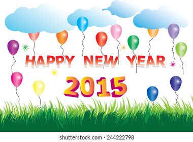 Happy New Year card background with Balloons, cloud, grass 