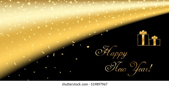 Happy New Year card background. Gold abstract template confetti for greeting, Xmas celebrate banner, Light sparkle. Merry Christmas celebration design. Golden decoration Vector illustration