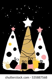 Happy New Year card or background for 2017 holidays. Trendy color style with black, white, gold colors. Vector.