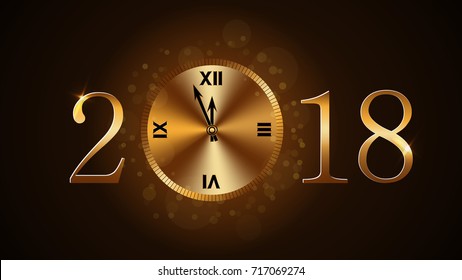 Happy New Year card background. Magic gold clock countdown. Golden numbers 2018. Christmas and New Year night glitter clock. Design decoration. Symbol wish, celebration Vector illustration