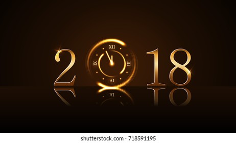 Happy New Year card background. Magic gold clock countdown. Golden numbers 2018. Christmas and New Year night glitter clock. Design decoration. Symbol wish, celebration Vector illustration