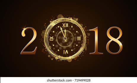 Happy New Year card background. Magic gold clock countdown. Golden numbers 2018. Christmas and New Year night glitter clock. Design decoration. Symbol wish, celebration Vector illustration