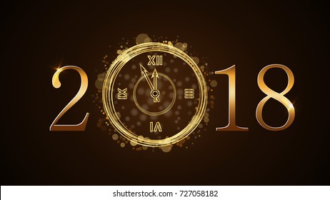 Happy New Year card background. Magic gold clock countdown. Golden numbers 2018. Christmas and New Year night glitter clock. Design decoration. Symbol wish, celebration Vector illustration