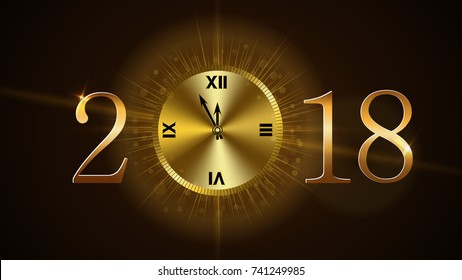 Happy New Year card background. Magic gold clock countdown. Golden numbers 2018. Christmas and New Year night glitter clock. Design decoration. Symbol wish, celebration Vector illustration