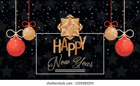 happy new year card with balls hanging vector illustration design