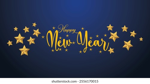 Happy New Year card, banner, backdrop design with text, around by stars