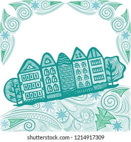 Happy new year card with beautiful winter houses. Vector illustration
