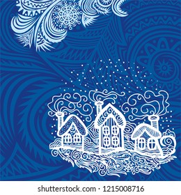 Happy new year card with beautiful winter houses. Vector illustration