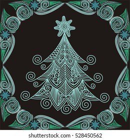 Happy new year card with beautiful Christmas tree. Vector illustration.