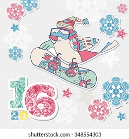 Happy New Year card with bird snowboarder, multicolor figures 2016 and snowflakes.  Vector illustration