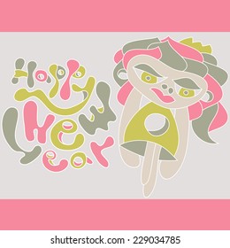 Happy New Year! Card for birthday recognition in love. Girl with crown.Cards of congratulations.Childish vector card in sweet colors. 