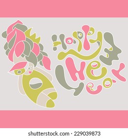 Happy New Year! Card for birthday recognition in love. Girl with crown.Cards of congratulations.Childish vector card in sweet colors. 