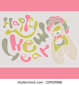 Happy New Year! Card for birthday recognition in love. Girl with crown.Cards of congratulations.Childish vector card in sweet colors. 