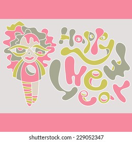 Happy New Year! Card for birthday recognition in love. Girl with crown.Cards of congratulations.Childish vector card in sweet colors. 