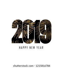 Happy new year card. Black number 2019 with gold snowflakes, isolated white background. Golden firework. Bright design for holiday celebration, greeting text, Christmas banner Vector illustration