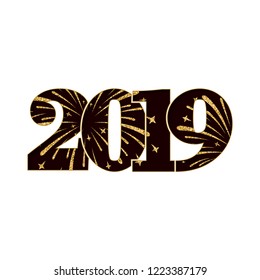 Happy new year card. Black number 2019 with gold sparkles, isolated white background. Golden firework. Bright design for holiday celebration, greeting text, Christmas banner Vector illustration