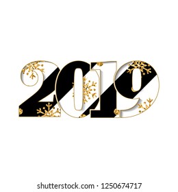Happy new year card. Black striped number 2019, gold snowflake texture, isolated white background. Bright graphic design holiday celebration, greeting, Christmas banner decoration Vector illustration