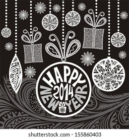 Happy new year card black and white vector illustration