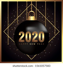 happy new year card with black christmas ball between gold decorations. vector illustration