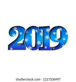 Happy new year card. Blue 3D number 2019 with snowflakes texture, isolated white background. Bright graphic design holiday celebration, greeting text, Christmas banner decoration Vector illustration