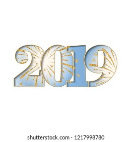 Happy new year card. Blue number 2019 with gold sparkles, isolated white background. Bright golden design for holiday celebration, greeting text, Christmas banner Vector illustration