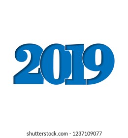 Happy new year card. Blue 3D number 2019, isolated on white background. Graphic design holiday celebration, greeting text, Christmas banner decoration Vector illustration