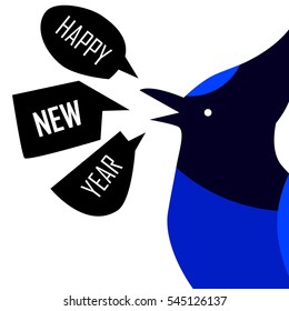 Happy New Year card with Blue Jay. Flat design. Vector