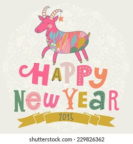 Happy New year card with bright cartoon goat in vector