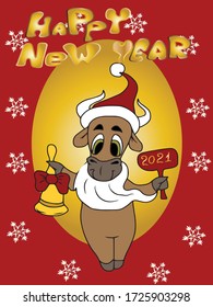 Happy new year card with bull 2021, vector children's design on red and gold isolated background