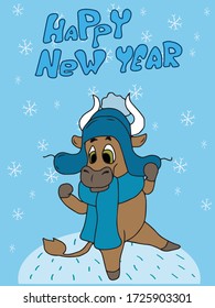 Happy new year card with a bull 2021, vector children's design on a blue isolated background