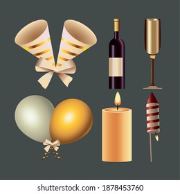 happy new year card with bundle set icons vector illustration design