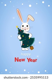 Happy New Year card. Bunny with dressed up Christmas tree in his paws on light blue background.  
