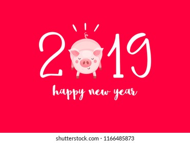 Happy New Year card with a cartoon little pig on a red background. Chinese symbol of the 2019 year. Beautiful festive gift card. Vector illustration.