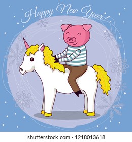 Happy new year card cartoon pig on unicorn