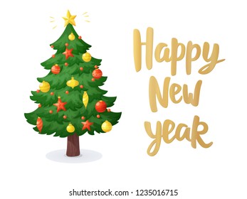 Happy new year card. Cartoon Christmas tree isolated on white background. Winter holidays decorations with red and gold stars, balls and garlands. Vector illustration. For banners, party posters.