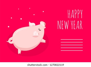 Happy New Year card with cartoon pig and stars on red background. Flat style. Vector christmas card.