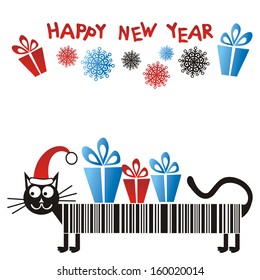 Happy new year card cat gifts vector illustration
