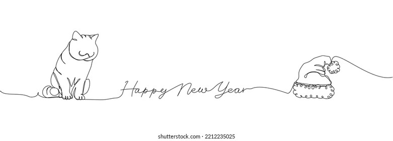 Happy New Year card with cat and Santa Claus hat one line art. Continuous line drawing of new year holidays, christmas, congratulations, weekend, animal, symbol of the year, festive atmosphere.